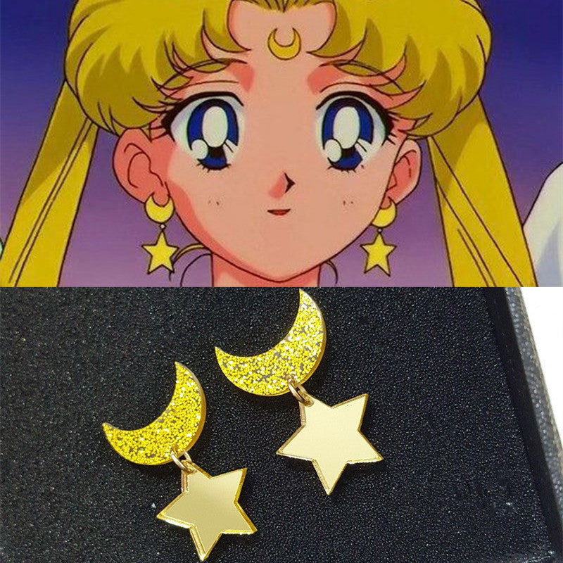 Anime Sailor Moon Jewelry Star and Moon Stud earring Golden Yellow Acrylic Moon Earring For Kids Girls Cute Sweet Accessories