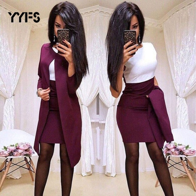 Long Blazer Jackets Sheath O-Neck Mini Sexy dress