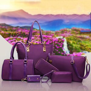 6Pcs/Set Lady Solid Color  Leather Shoulder Bag