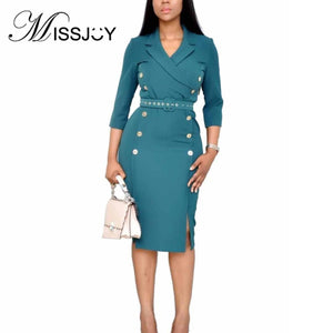 Color Button Split Pencil Women Dress