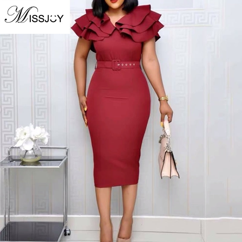 Solid Color Women Sleeve Red Split Pencil office wear