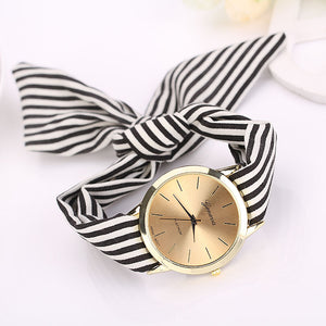 Fashion Women Stripe Floral Cloth Quartz Dial Bracelet Wristwatch