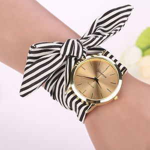 Fashion Women Stripe Floral Cloth Quartz Dial Bracelet Wristwatch