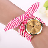 Fashion Women Stripe Floral Cloth Quartz Dial Bracelet Wristwatch