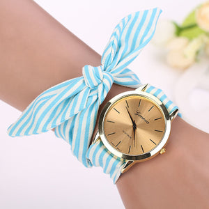 Fashion Women Stripe Floral Cloth Quartz Dial Bracelet Wristwatch