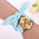 Fashion Women Stripe Floral Cloth Quartz Dial Bracelet Wristwatch